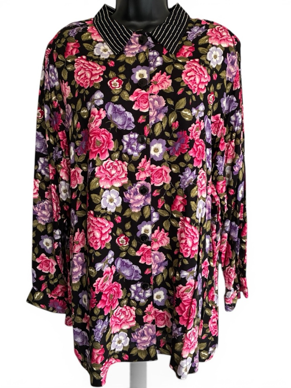 Vintage 90's Black Floral Long-Line Tunic Button-Up Blouse Size 22W